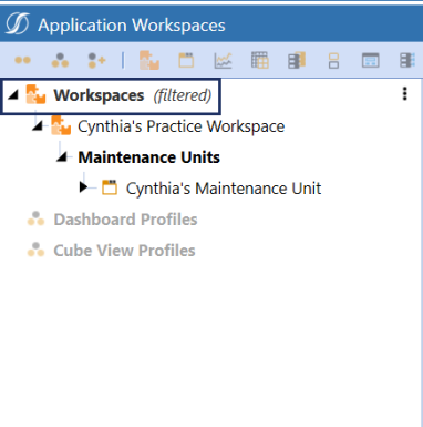 Blue highlight box on Workspaces with (filtered) next to a workspace that has filters on it. 